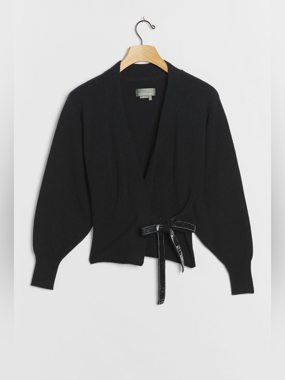 By Anthropologie Black Wrap V-Neck Women's Sweater with Velvet Tie Closure - Picture 3 of 9